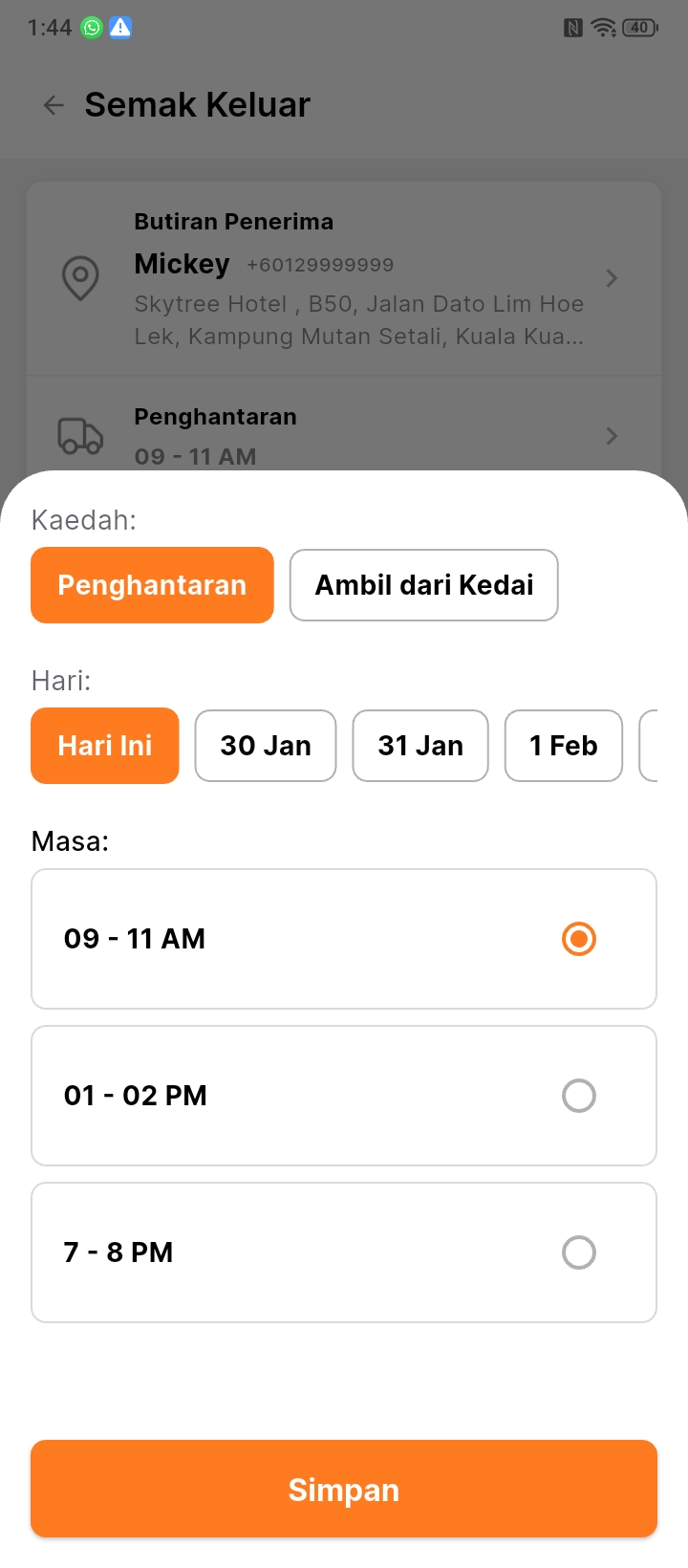 Pemilihan kaedah penghantaran atau pengambilan di kedai dengan hari dan slot masa.